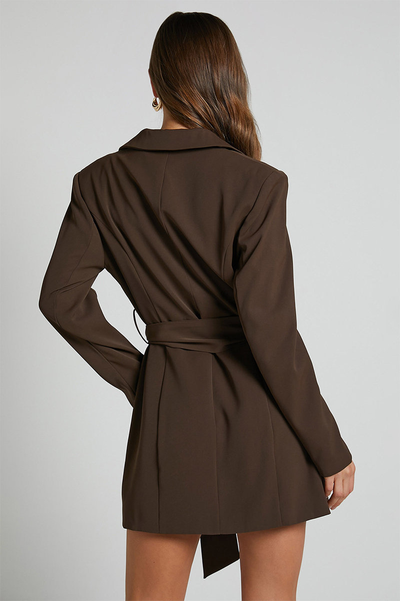 Notch Lapel Long Sleeve Button Up Tie Belt Plain Blazer Mini Dresses-Blue-Hayhty.All Rights Reserved.