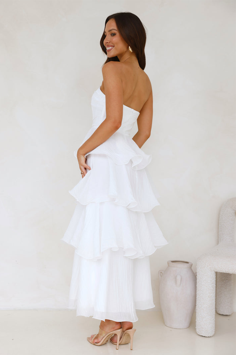 Strapless A-Line Layered Ruffled Hem Maxi Dresses-White-Hayhty.All Rights Reserved.