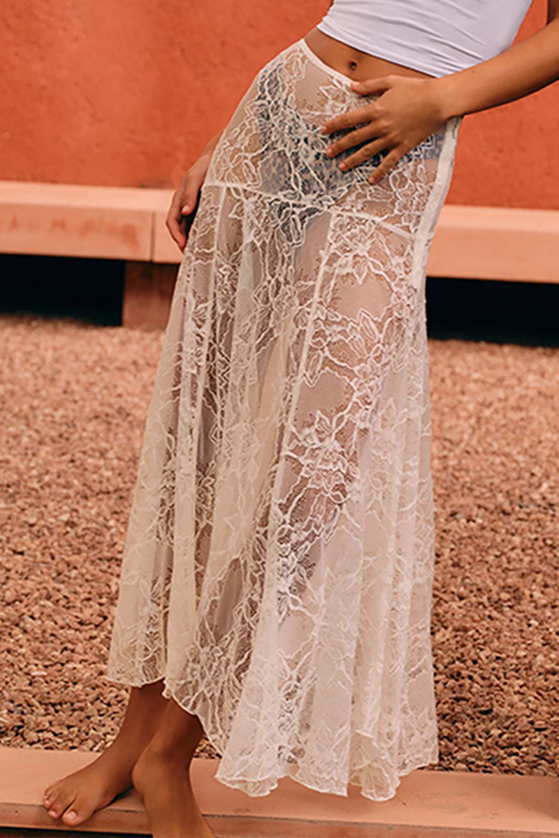 Floral Lace See Through Cover Ups Midi Skirt-White-Hayhty.All Rights Reserved.