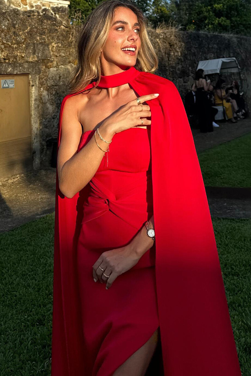 Strapless High Slit Maxi Dresses Halter Neck Cape 2pcs Set-Red-Hayhty.All Rights Reserved.