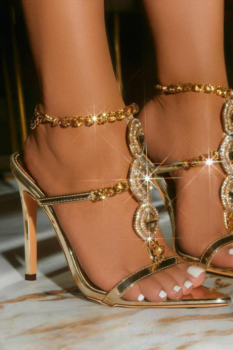 Sparkling Rhinestone Decor Ankle Strap Pointy Peep-Toe Stiletto Heels-Gold-Hayhty.All Rights Reserved.