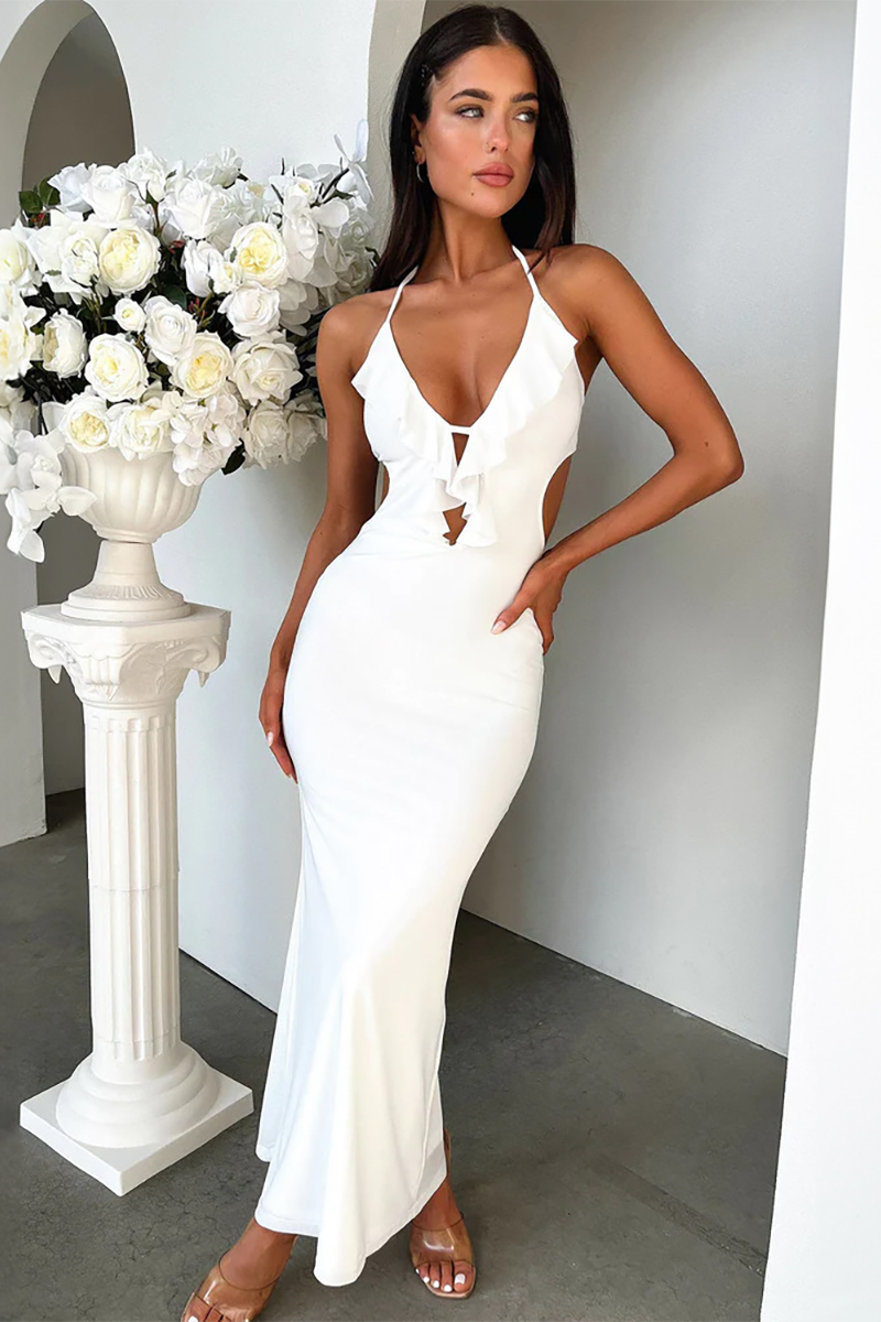 Ruffled Bodycon Open Back Halter Maxi Dresses-White-Hayhty.All Rights Reserved.