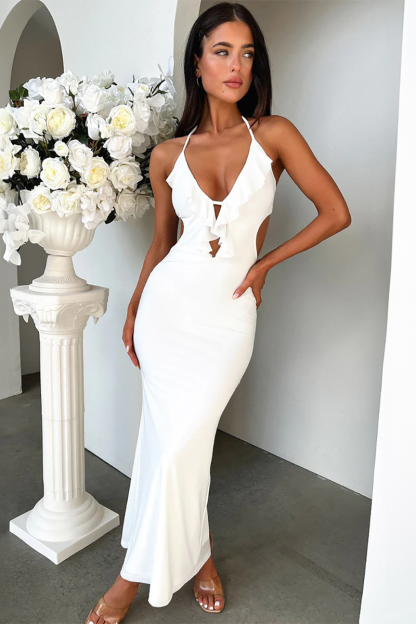 Ruffled Bodycon Open Back Halter Maxi Dresses-White-Hayhty.All Rights Reserved.