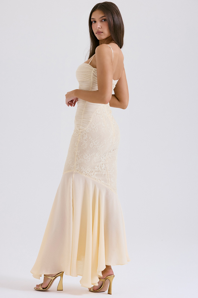 Lace Patchwork Bodycon Fishtail Hem Spaghetti Strap Chiffon Maxi Dresses-Beige-Hayhty.All Rights Reserved.