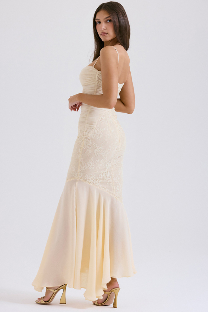 Lace Patchwork Bodycon Fishtail Hem Spaghetti Strap Chiffon Maxi Dresses-Beige-Hayhty.All Rights Reserved.