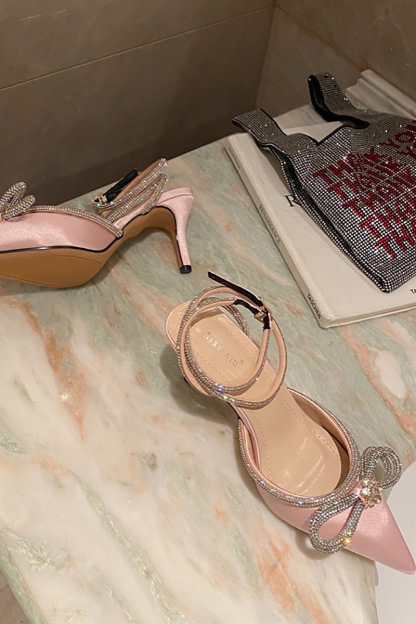 Rhinestone Bow Patchwork Pointy High Heel Sandals-Hayhty.All Rights Reserved.