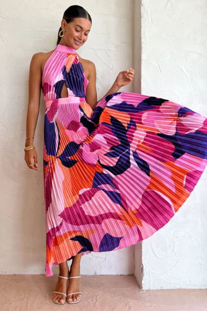 Halter Backless Floral Print Pleated Sleeveless Maxi Dresses-Hayhty.All Rights Reserved.