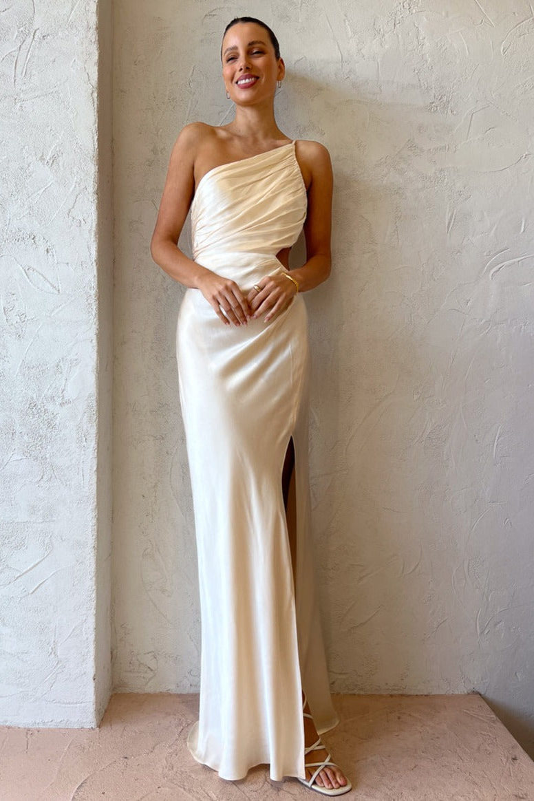 One Shoulder High Slit Ruched Evening Gown Cami Maxi Dress-Hayhty.All Rights Reserved.
