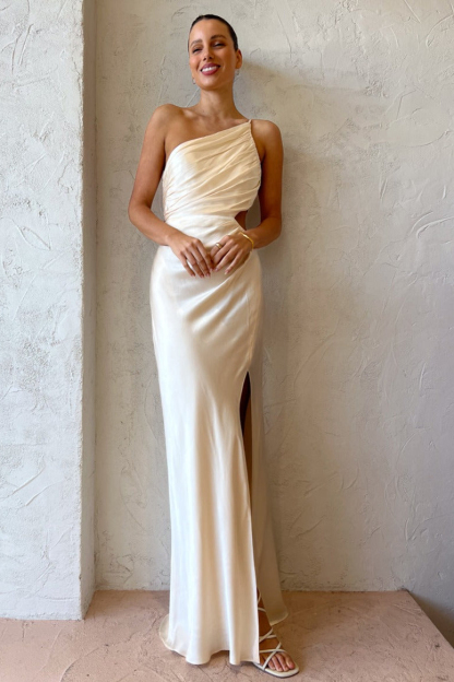 One Shoulder High Slit Ruched Evening Gown Cami Maxi Dress-Hayhty.All Rights Reserved.