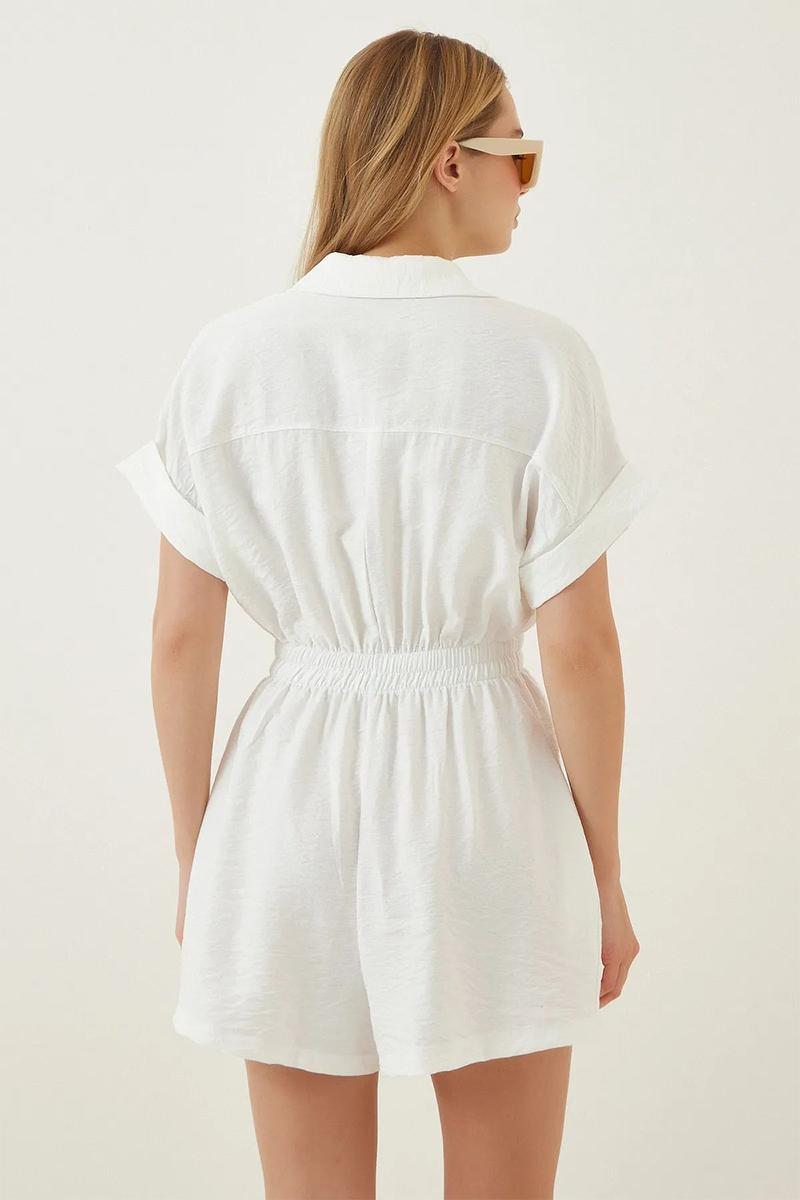 Turndown Collar Short Sleeve Pockets Solid Color Casual Playsuit Romper-Khaki-Hayhty.All Rights Reserved.