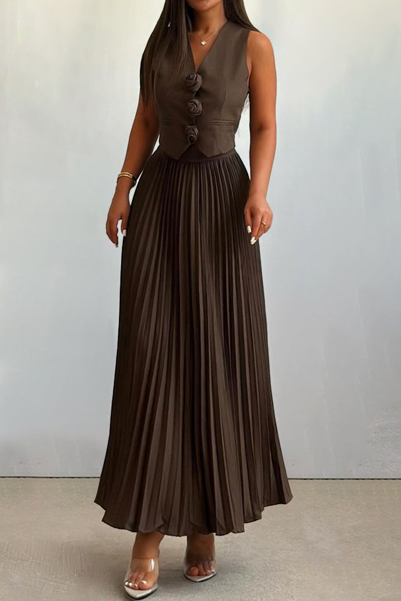 3D Flower Decor V Neck Vest Pleated Maxi Skirt Matching Set-White-Hayhty.All Rights Reserved.