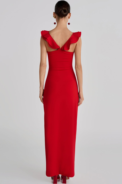 Ruffled Sleeveless 3D Flower Decor Slim Fit Maxi Dresses-Red-Hayhty.All Rights Reserved.