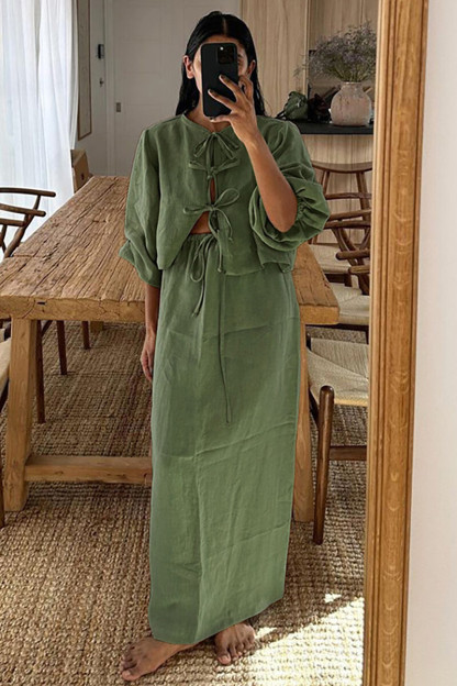 Puff Sleeve Front Tie Up Blouse Solid Color Maxi Skirt Matching Set-Brown-Hayhty.All Rights Reserved.