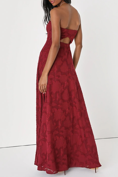 Sweetheart Neckline Strapless Slit Jacquard A-Line Gowns Maxi Dresses-Pink-Hayhty.All Rights Reserved.