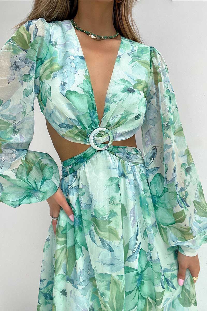 Deep V Neck Cutout Floral Print Ring Decor Long Puffy Sleeve Backless Vacation Maxi Dresses-Hayhty.All Rights Reserved.