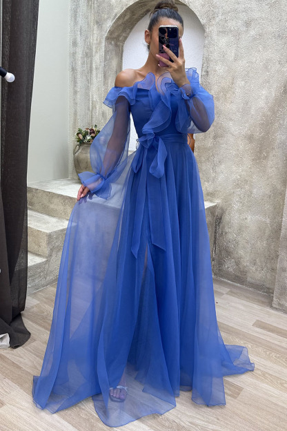 Ruffled Tulle Off Shoulder Tie Waist Prom Maxi Dresses-Hayhty.All Rights Reserved.