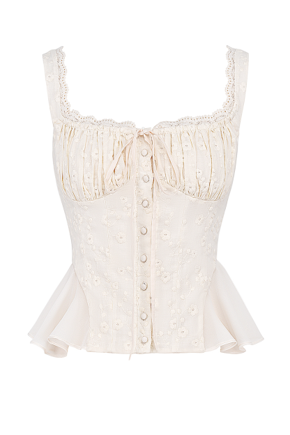 Floral Embroidery Ruffled Top Bodycon Maxi Skirt Matching Set-Ivory-Hayhty.All Rights Reserved.