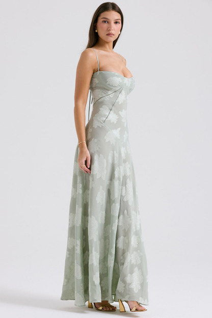 Elegant Floral Print Quilted Lace Up Back Formal Party Flowy Maxi Dresses-Green-Hayhty.All Rights Reserved.