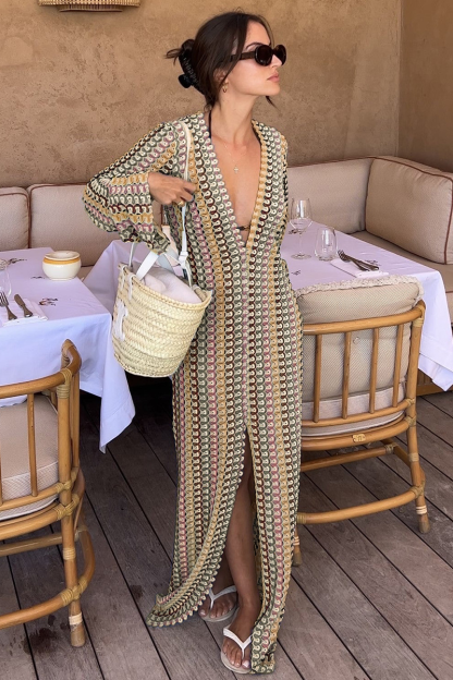 Crochet Abstract Striped Pattern Deep V Neck Flare Sleeve Slit Maxi Dresses-Green-Hayhty.All Rights Reserved.