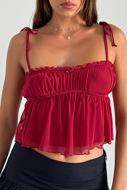 Tie Up Shoulder Straps Frilled A-Line Crop Top-Off White-Hayhty.All Rights Reserved.
