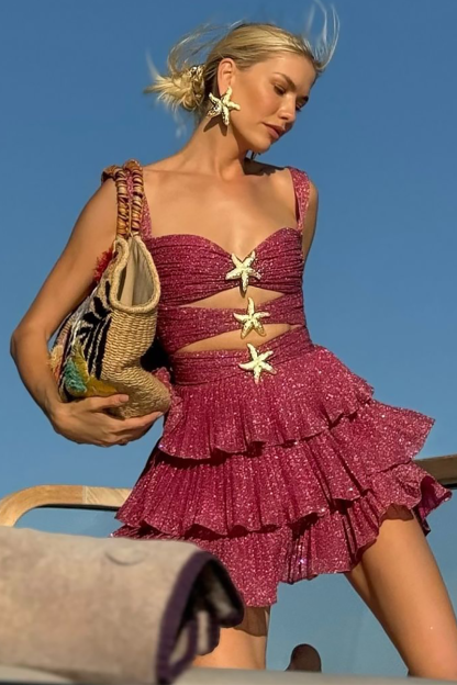 Metal Starfish Cutout Tiered Pleated Slip Mini Dresses-Fuchsia-Hayhty.All Rights Reserved.