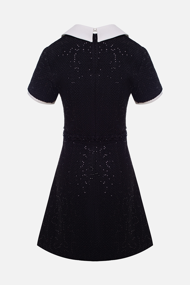 Colorblock Short Sleeve Lapel Collar Sequin Mini Dresses-Black-Hayhty.All Rights Reserved.