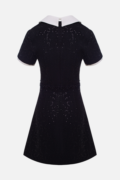 Colorblock Short Sleeve Lapel Collar Sequin Mini Dresses-Black-Hayhty.All Rights Reserved.