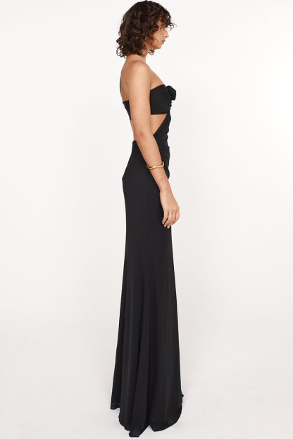 3D Flower Ruched Backless One Shoulder Gowns Maxi Dresses-Black-Hayhty.All Rights Reserved.