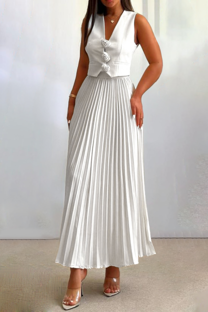 3D Flower Decor V Neck Vest Pleated Maxi Skirt Matching Set-White-Hayhty.All Rights Reserved.