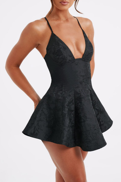 Deep V Neck Halter Backless A-Line Flared Hem Jacquard Playsuit Romper-Pink-Hayhty.All Rights Reserved.