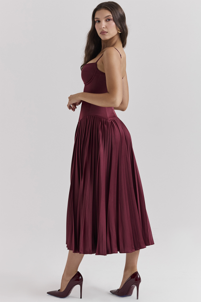 Irregular Neck Corset A-Line Pleated Hem Satin Slip Midi Dresses-Burgundy-Hayhty.All Rights Reserved.