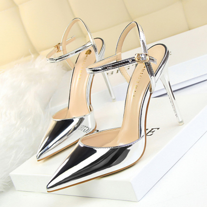 Burnished Plain Pointy Toe Ankle Strap Buckle Stiletto Heels-Hayhty.All Rights Reserved.