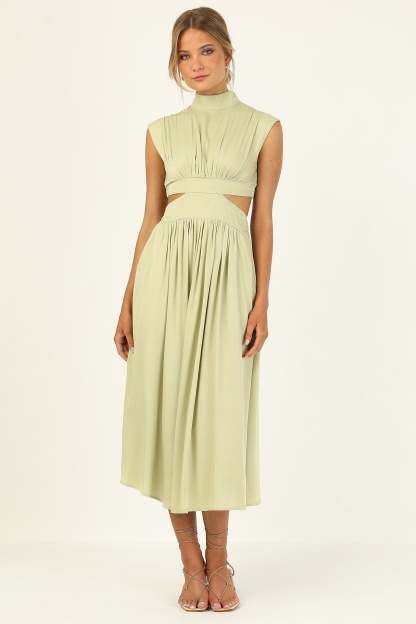 Stand Collar Sleeveless Open Waist Dress Maxi Dresses-Hayhty.All Rights Reserved.