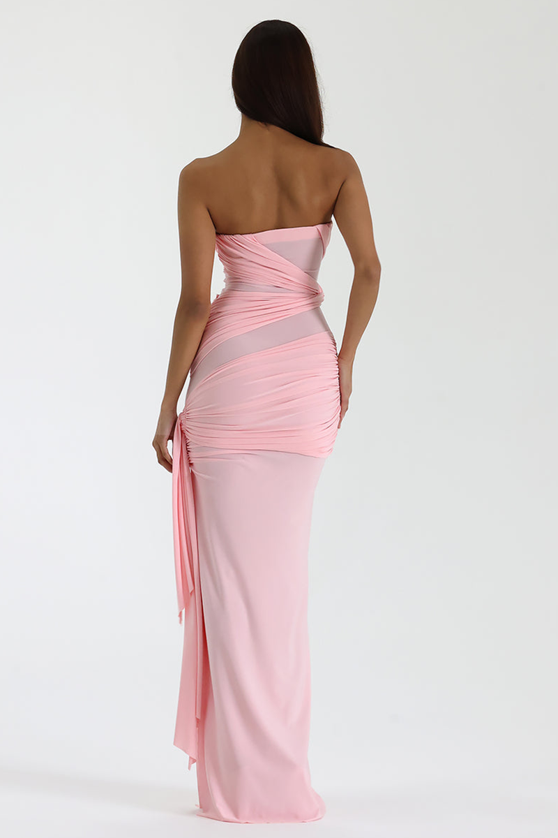 Twisted Ruched Bodycon Side Slit Gowns Strapless Maxi Dresses-Pink-Hayhty.All Rights Reserved.