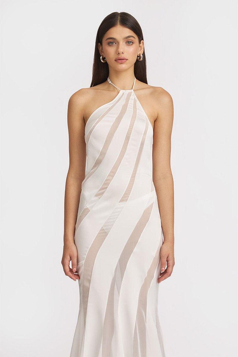 Halter Satin Sheer Chiffon Patchwork Mermaid Maxi Dresses-White-Hayhty.All Rights Reserved.
