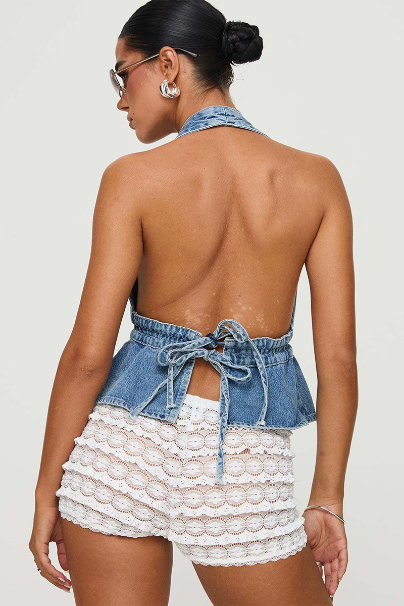 Deep Plunge Neckline Tie Up Open Back Denim A-Line Halter Neck Top-Blue-Hayhty.All Rights Reserved.