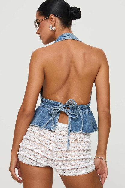 Deep Plunge Neckline Tie Up Open Back Denim A-Line Halter Neck Top-Blue-Hayhty.All Rights Reserved.