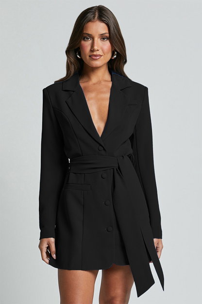 Notch Lapel Long Sleeve Button Up Tie Belt Plain Blazer Mini Dresses-Blue-Hayhty.All Rights Reserved.