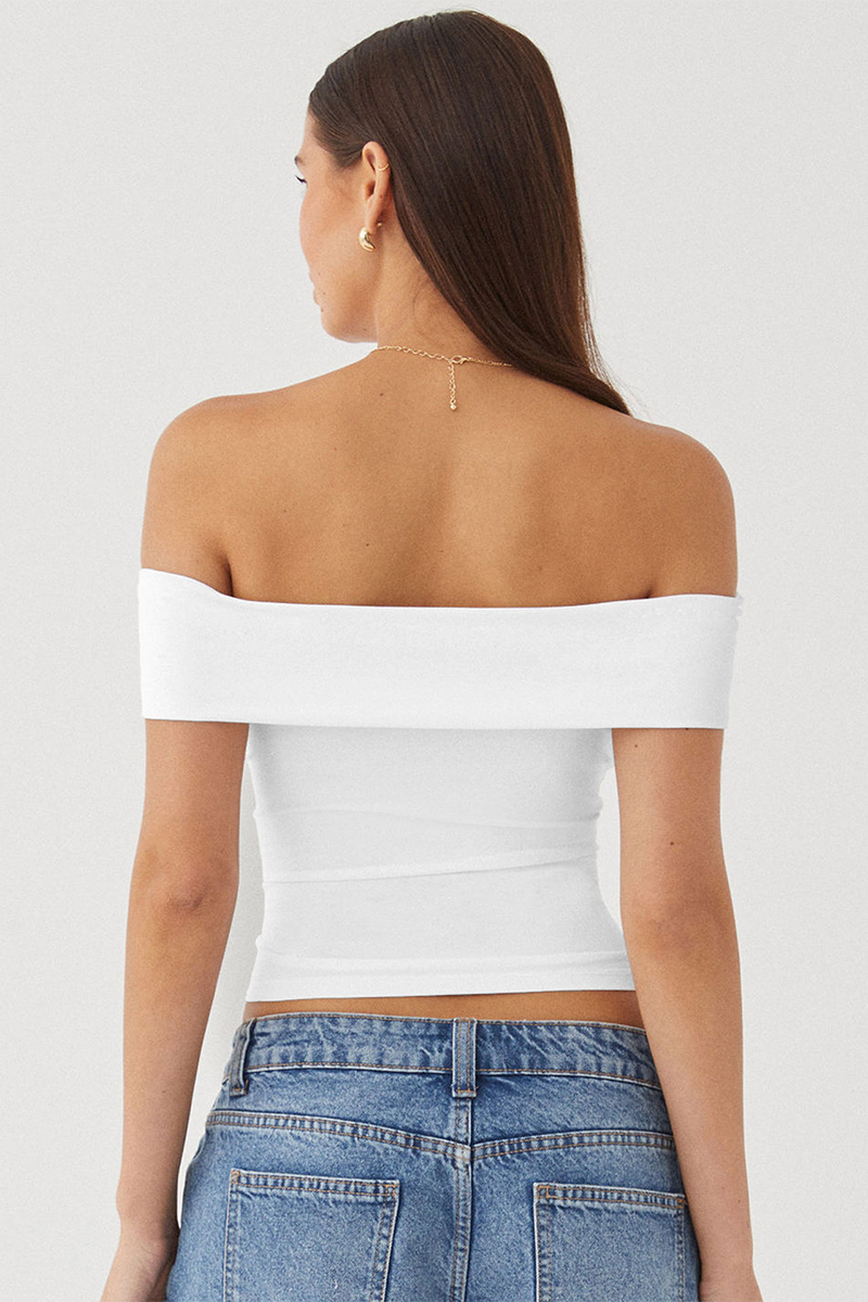 Boat Neck Dropped Shoulder Solid Color Slim Fit Crop Top-White-Hayhty.All Rights Reserved.