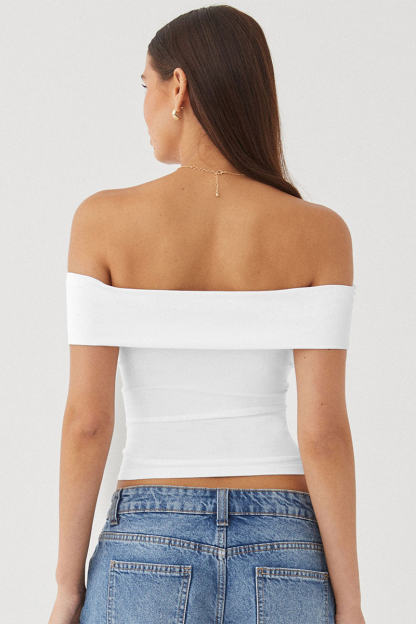 Boat Neck Dropped Shoulder Solid Color Slim Fit Crop Top-White-Hayhty.All Rights Reserved.