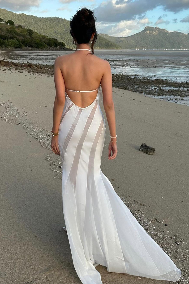 Halter Satin Sheer Chiffon Patchwork Mermaid Maxi Dresses-White-Hayhty.All Rights Reserved.