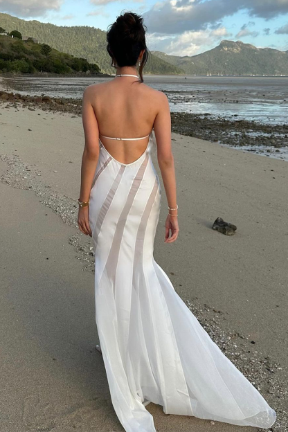 Halter Satin Sheer Chiffon Patchwork Mermaid Maxi Dresses-White-Hayhty.All Rights Reserved.