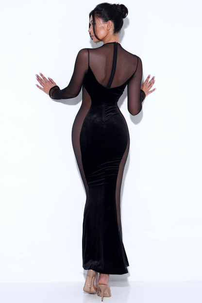Velvet Mesh Patchwork Long Sleeve Gown Maxi Dresses-Hayhty.All Rights Reserved.