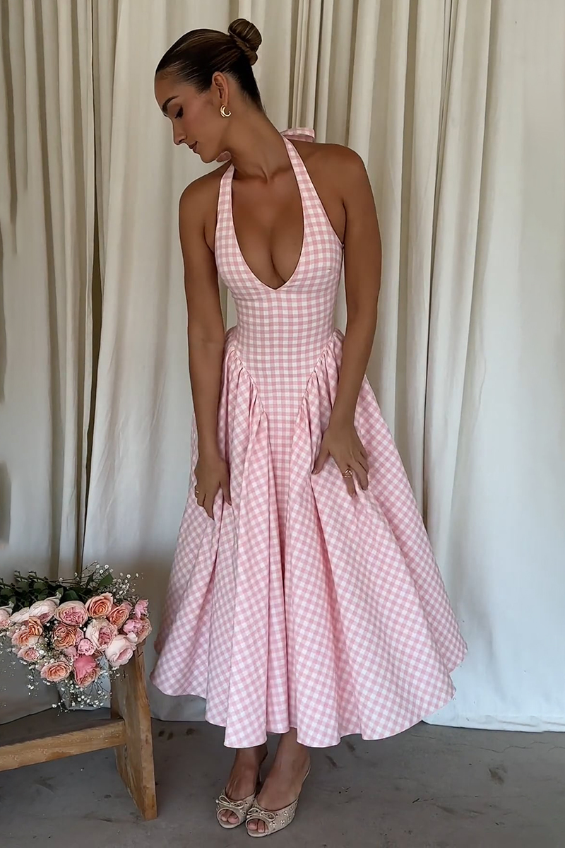 Plaid Print Halter Deep V Neck A-Line Midi Dresses-Pink-Hayhty.All Rights Reserved.