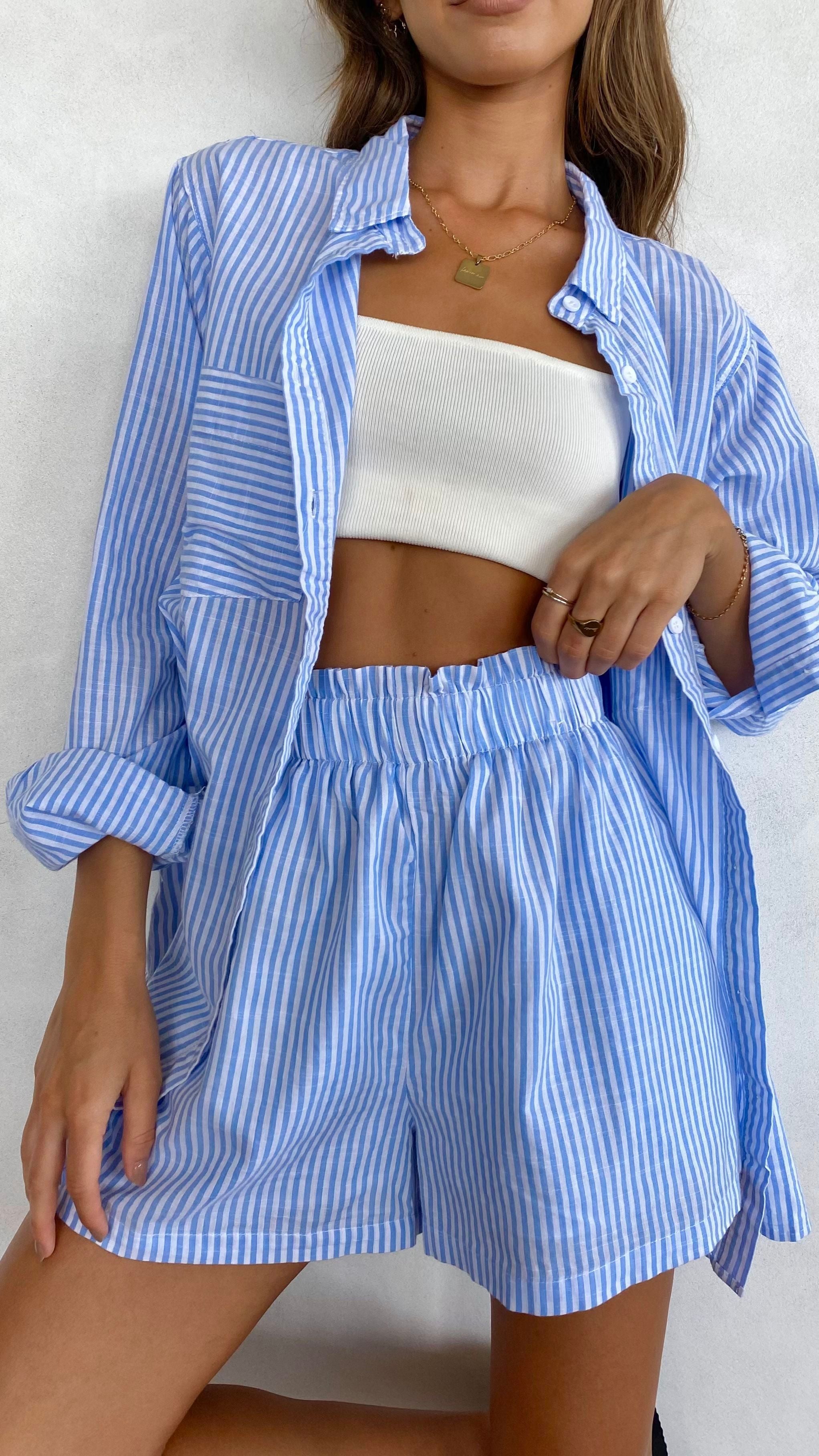 Relaxed Fit Button Up Shirt Set-Pink/Blue Stripe-Hayhty.All Rights Reserved.