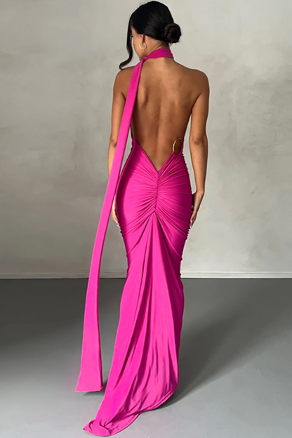 One Shoulder Sleeveless Sash Ring Decor Ruched Backless Elegant Evening Gown White Maxi Dresses-Hayhty.All Rights Reserved.