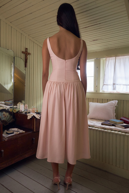 Boat Neck Button Up Cinch Waist Backless Pleated Hem Sleeveless Midi Dresses-Pink-Hayhty.All Rights Reserved.