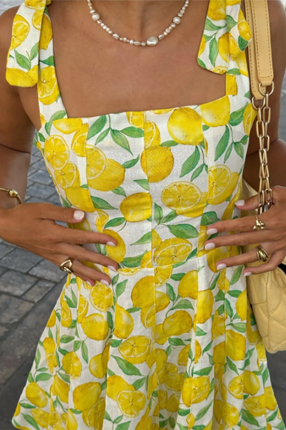 Lemons Print Boat Neck Tie Up Shoulder Straps A-Line Mini Dresses-Yellow-Hayhty.All Rights Reserved.