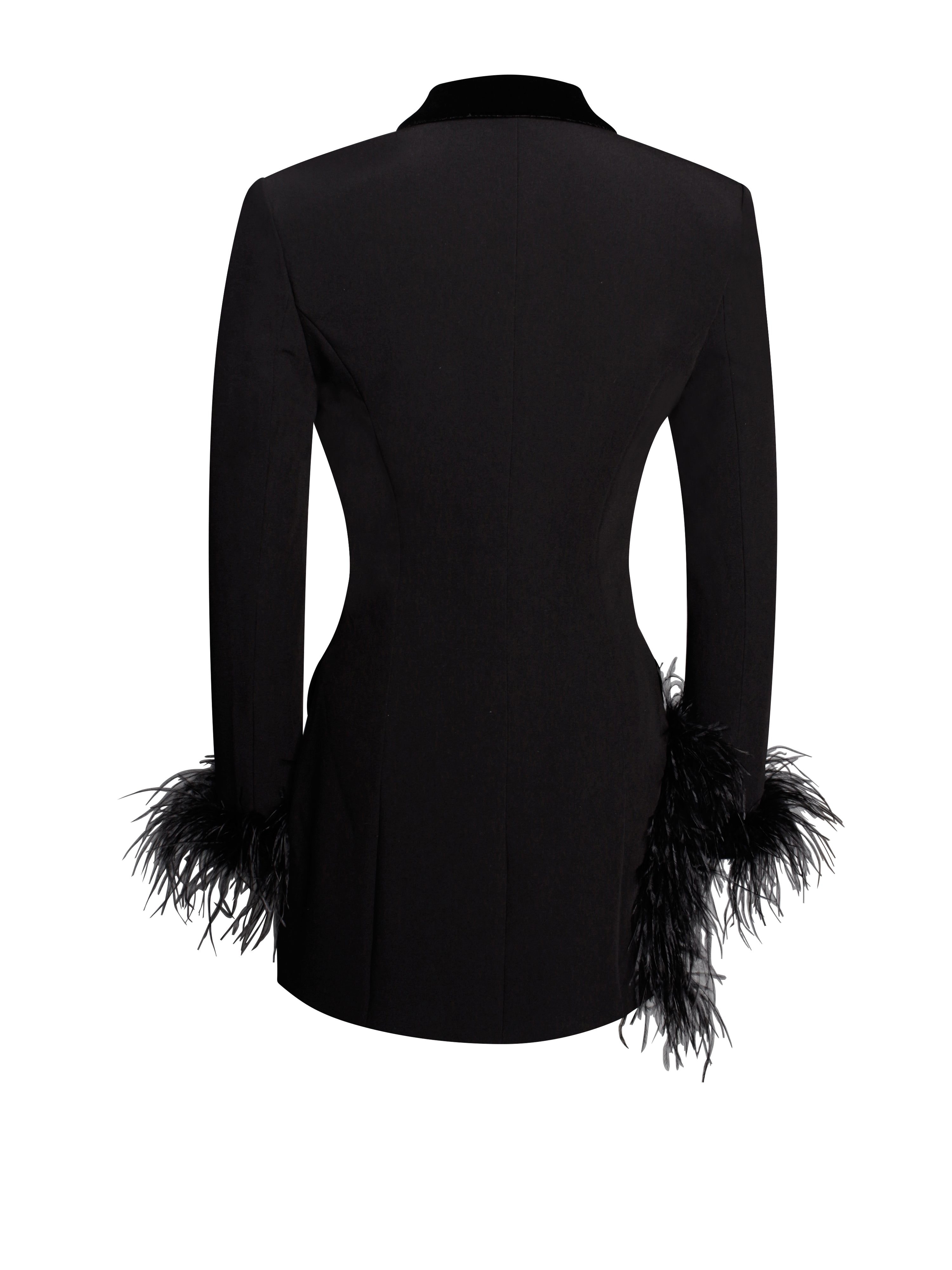 V Neck Feather Trim Blazer Party Mini Dresses-Hayhty.All Rights Reserved.
