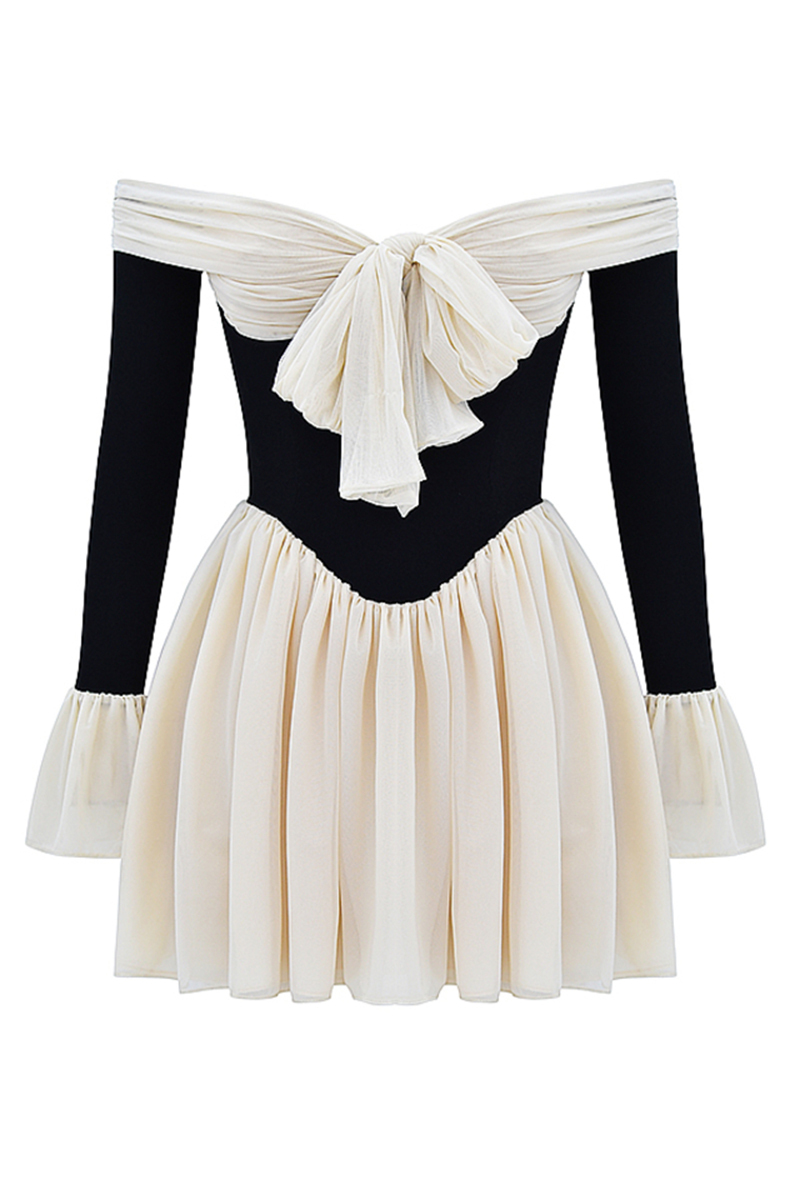 Off Shoulder Long Flare Sleeve Patchwork Knotted Pleated Hem Party Mini Dresses-White-Hayhty.All Rights Reserved.